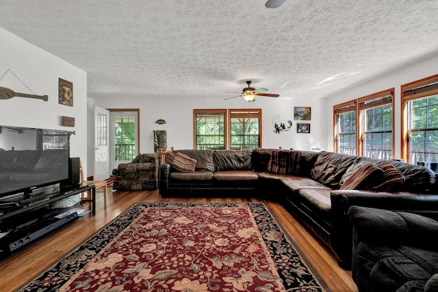 living room featuring ceiling fan, light hardwood / wood-style floors, a textured ceiling, and a wealth of natural light