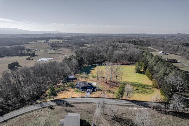 bird's eye view featuring a mountain view and a rural view