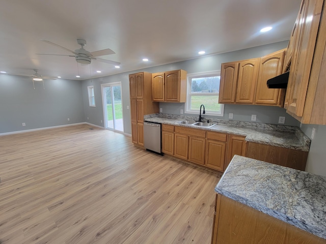 kitchen featuring plenty of natural light, dishwasher, sink, and light hardwood / wood-style flooring