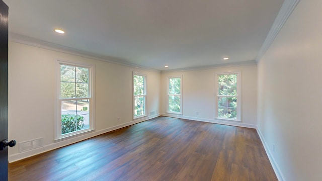 empty room featuring dark wood-type flooring, crown molding, and plenty of natural light