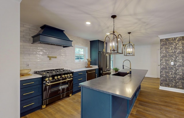 kitchen with custom exhaust hood, premium appliances, sink, and blue cabinetry