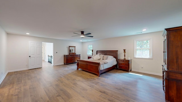 bedroom with ceiling fan and wood-type flooring