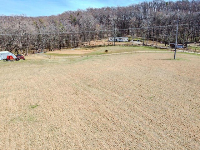 bird's eye view with a wooded view