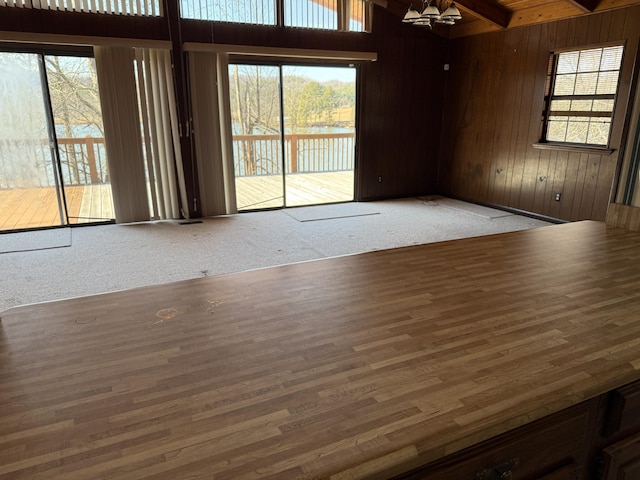 carpeted spare room with a healthy amount of sunlight, wood walls, beamed ceiling, and wood finished floors