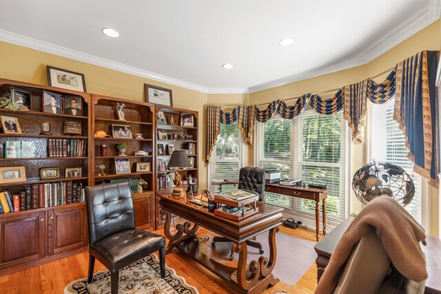 office with light hardwood / wood-style floors and crown molding