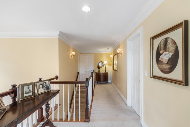 hallway with crown molding and light colored carpet