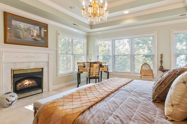 carpeted bedroom with crown molding and a notable chandelier