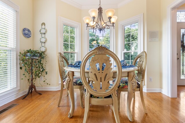 dining space with a notable chandelier, a healthy amount of sunlight, and light hardwood / wood-style floors