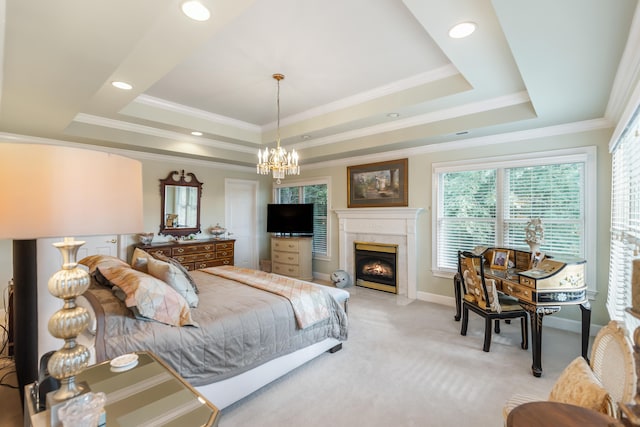 bedroom featuring an inviting chandelier, light colored carpet, a raised ceiling, and ornamental molding