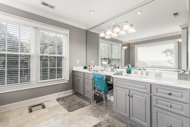 bathroom with vanity and ornamental molding