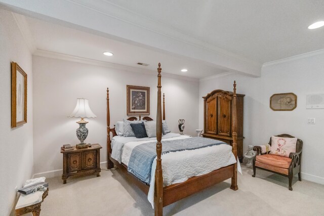 bedroom featuring light carpet, beamed ceiling, and ornamental molding