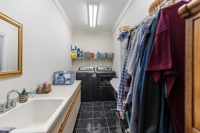 bathroom with tile patterned floors, separate washer and dryer, vanity, and ornamental molding