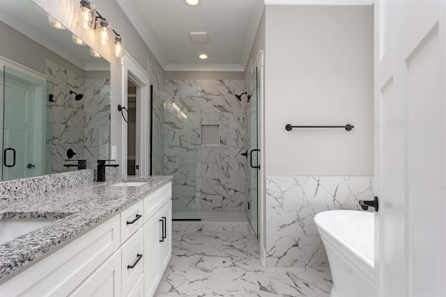 bathroom featuring tile walls, vanity, and separate shower and tub