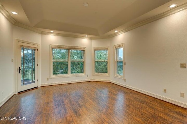 unfurnished room featuring ornamental molding, dark hardwood / wood-style floors, and a tray ceiling