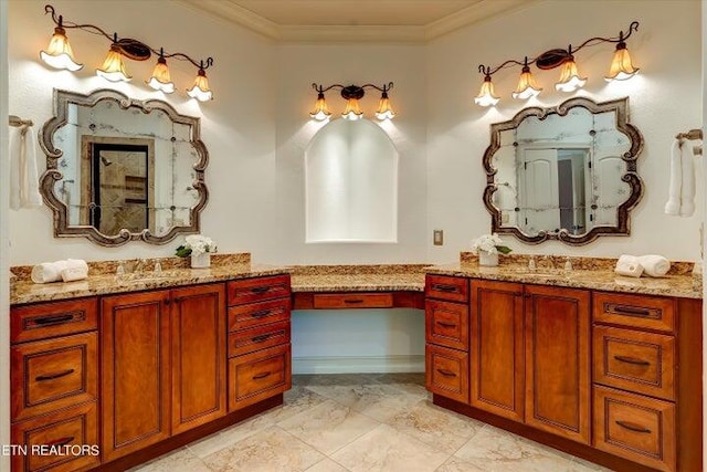 bathroom with vanity and crown molding