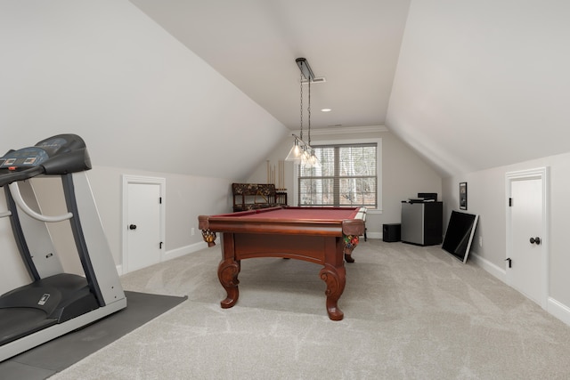 playroom with light carpet, vaulted ceiling, and billiards