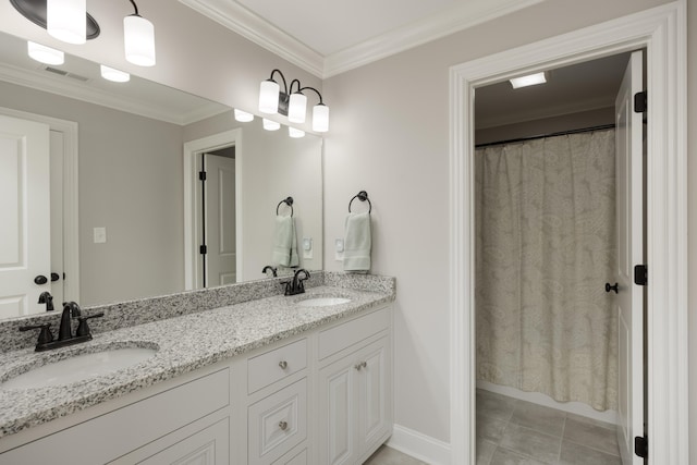 bathroom with tile patterned floors, crown molding, vanity, and walk in shower