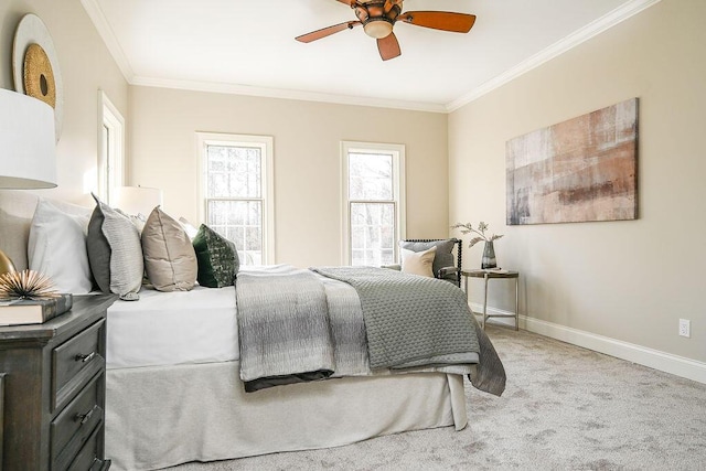 bedroom with light carpet, baseboards, ornamental molding, and a ceiling fan