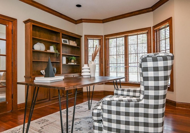 office featuring baseboards, dark wood finished floors, and crown molding