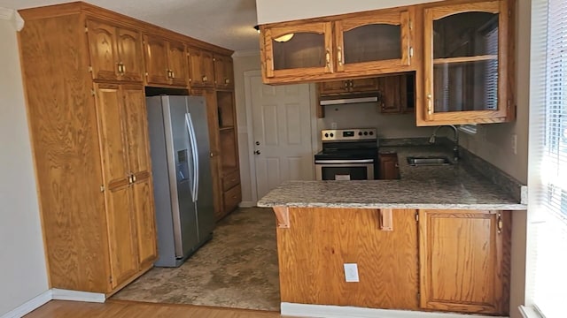 kitchen with sink, hardwood / wood-style flooring, ornamental molding, appliances with stainless steel finishes, and kitchen peninsula