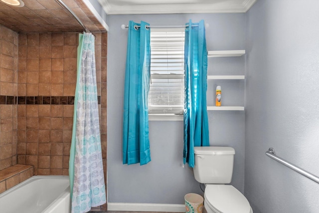 bathroom with toilet, shower / tub combo with curtain, and crown molding