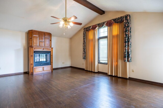 139 County Road 147, Riceville, TN 37370 - unfurnished living room with lofted ceiling with beams, dark wood finished floors, a large fireplace, a ceiling fan, and baseboards
