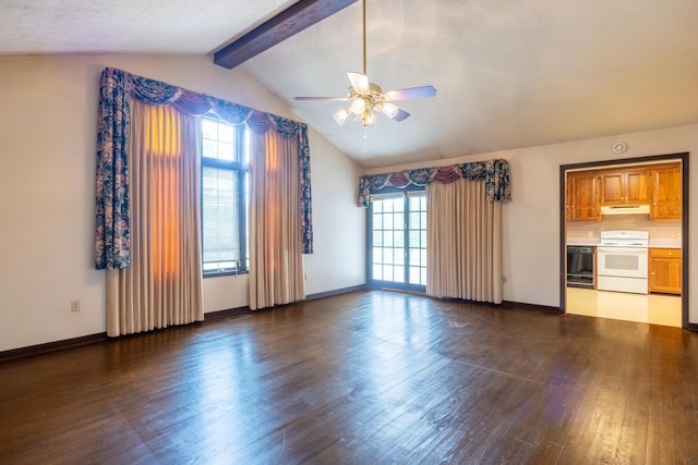 139 County Road 147, Riceville, TN 37370 - unfurnished living room with baseboards, lofted ceiling with beams, a ceiling fan, and wood finished floors