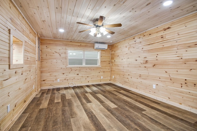 spare room with hardwood / wood-style floors, a wall mounted AC, wooden walls, and ceiling fan