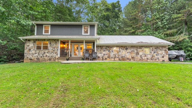 1813 White Oak Valley Rd, Cleveland, TN 37312 - back of house with stone siding, a yard, and french doors