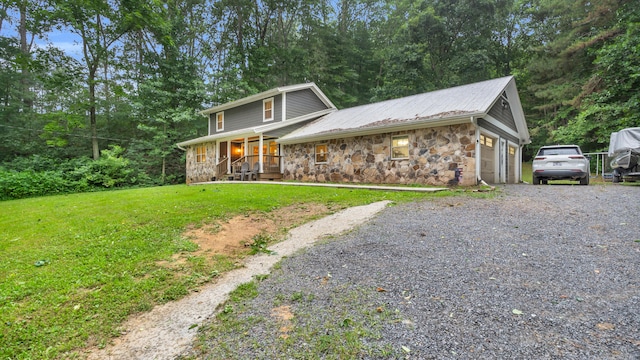 1813 White Oak Valley Rd, Cleveland, TN 37312 - view of front facade featuring covered porch, stone siding, a front lawn, and gravel driveway