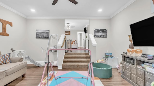 1813 White Oak Valley Rd, Cleveland, TN 37312 - playroom featuring ceiling fan, crown molding, wood finished floors, and recessed lighting