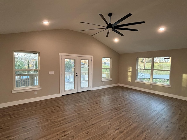 interior space with ceiling fan, a healthy amount of sunlight, dark hardwood / wood-style flooring, and french doors