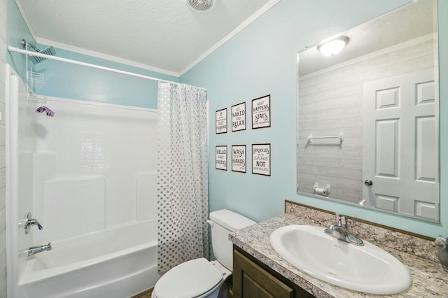 full bathroom with shower / tub combo, vanity, ornamental molding, a textured ceiling, and toilet