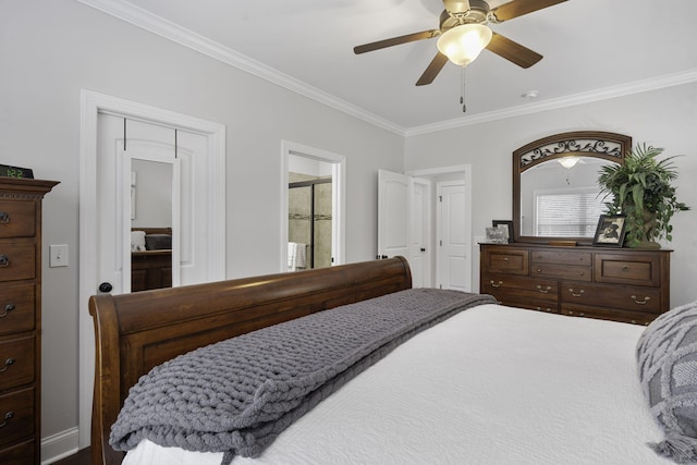 bedroom featuring ceiling fan, crown molding, and connected bathroom