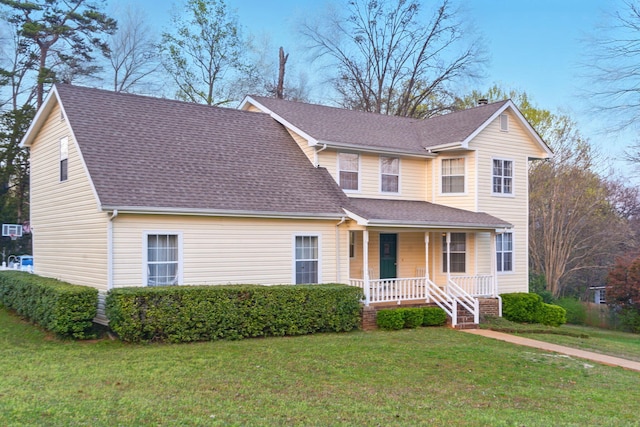 7701 Diamondhead Dr, Ooltewah, TN 37363 - traditional-style house featuring roof with shingles, covered porch, a front yard, and a chimney