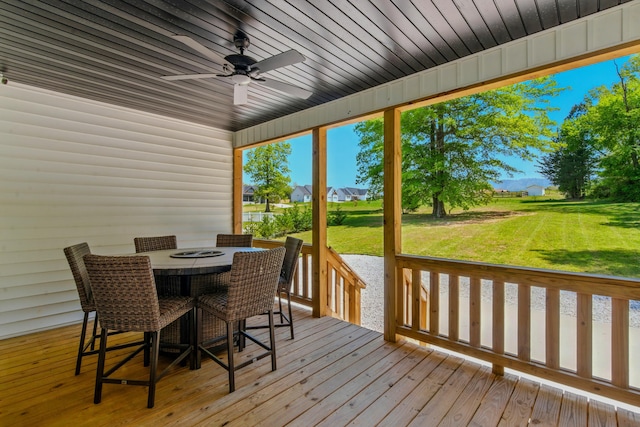 1786 Welcome Valley Rd, Benton, TN 37307 - wooden terrace with outdoor dining space, ceiling fan, and a yard