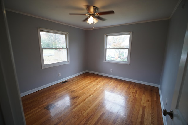 unfurnished room with crown molding, plenty of natural light, and light wood-type flooring