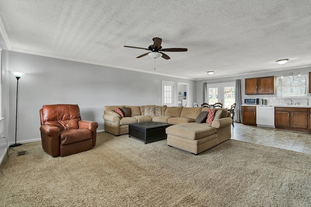 living area with french doors, crown molding, a textured ceiling, and baseboards