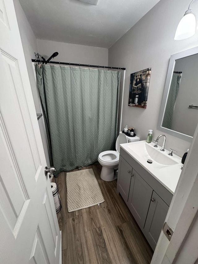 bathroom featuring curtained shower, wood finished floors, toilet, and vanity