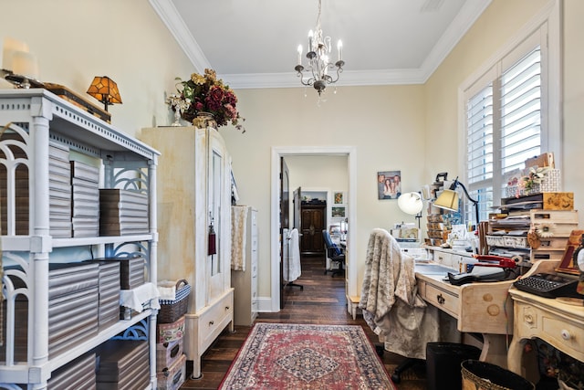 office space with ornamental molding, dark wood finished floors, and an inviting chandelier