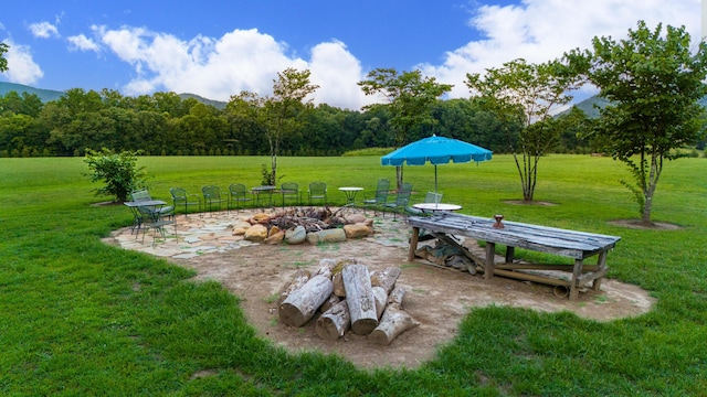 view of yard with a fire pit and a patio area