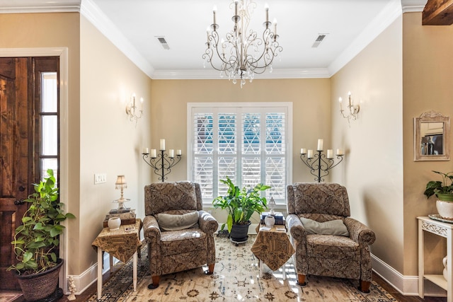 living area with a chandelier, visible vents, and crown molding