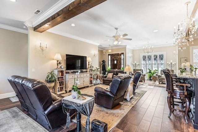 living area with wood tiled floor, beam ceiling, visible vents, and crown molding