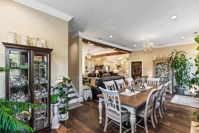 dining space with recessed lighting, a notable chandelier, stairway, dark wood finished floors, and crown molding