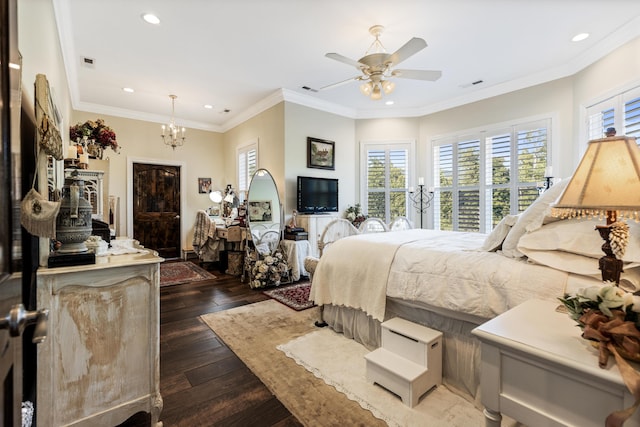 bedroom featuring dark wood-style floors, recessed lighting, visible vents, and crown molding