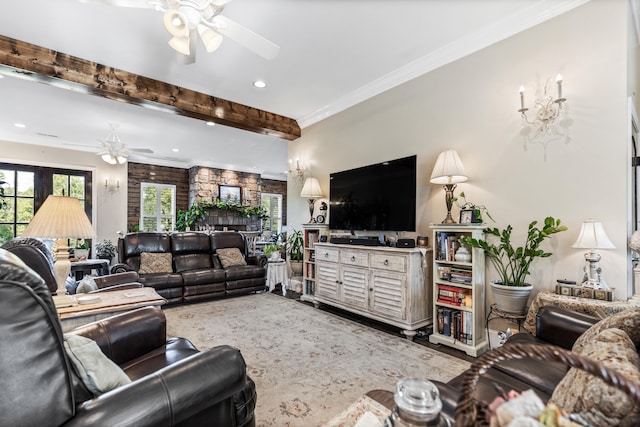 living room featuring beam ceiling, ornamental molding, a ceiling fan, and recessed lighting