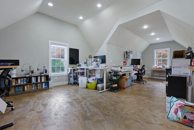 office space with lofted ceiling