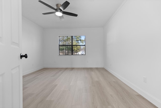 unfurnished room with ceiling fan, ornamental molding, and light hardwood / wood-style floors