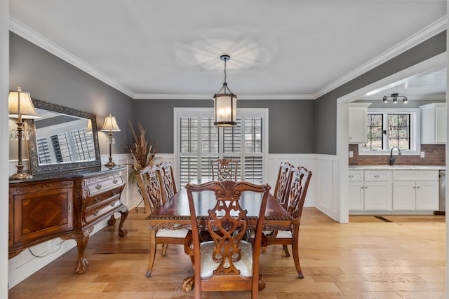 dining space with light wood finished floors, wainscoting, rail lighting, and crown molding