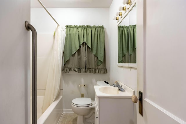 bathroom with shower / bathtub combination with curtain, toilet, vanity, and tile patterned flooring